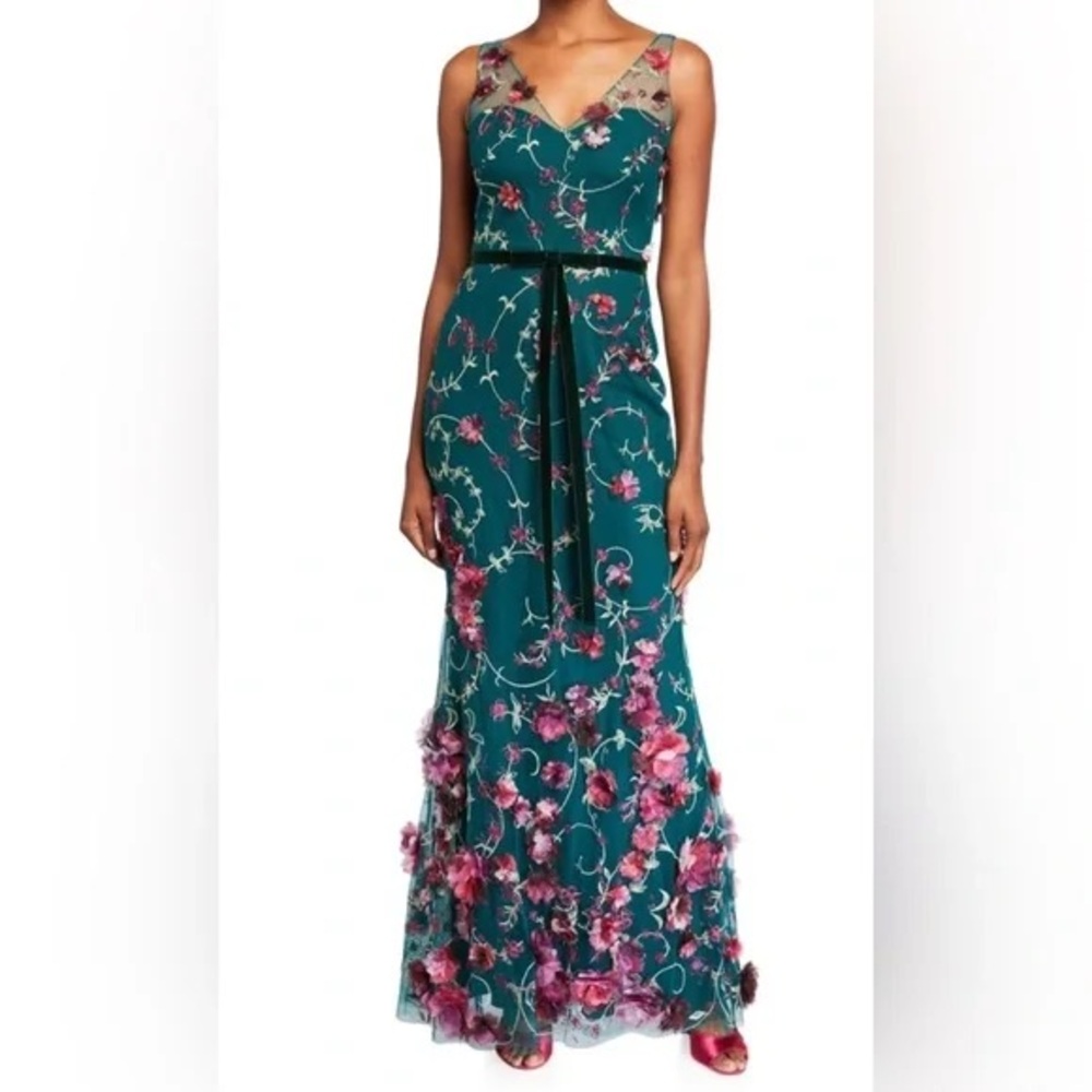 Marchesa Notte V-neck Embroidered Tulle Gown